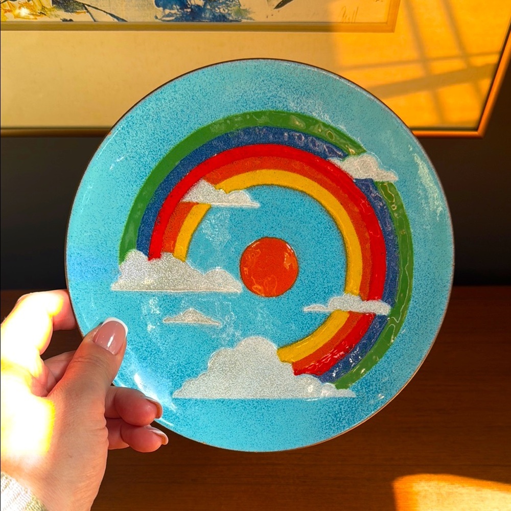 vintage mid-century modern enameled copper plate  Annemarie Davidson 1960s.